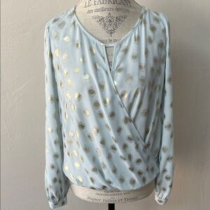 4/$20 Gold Dot Light Blue Faux Wrap Blouse